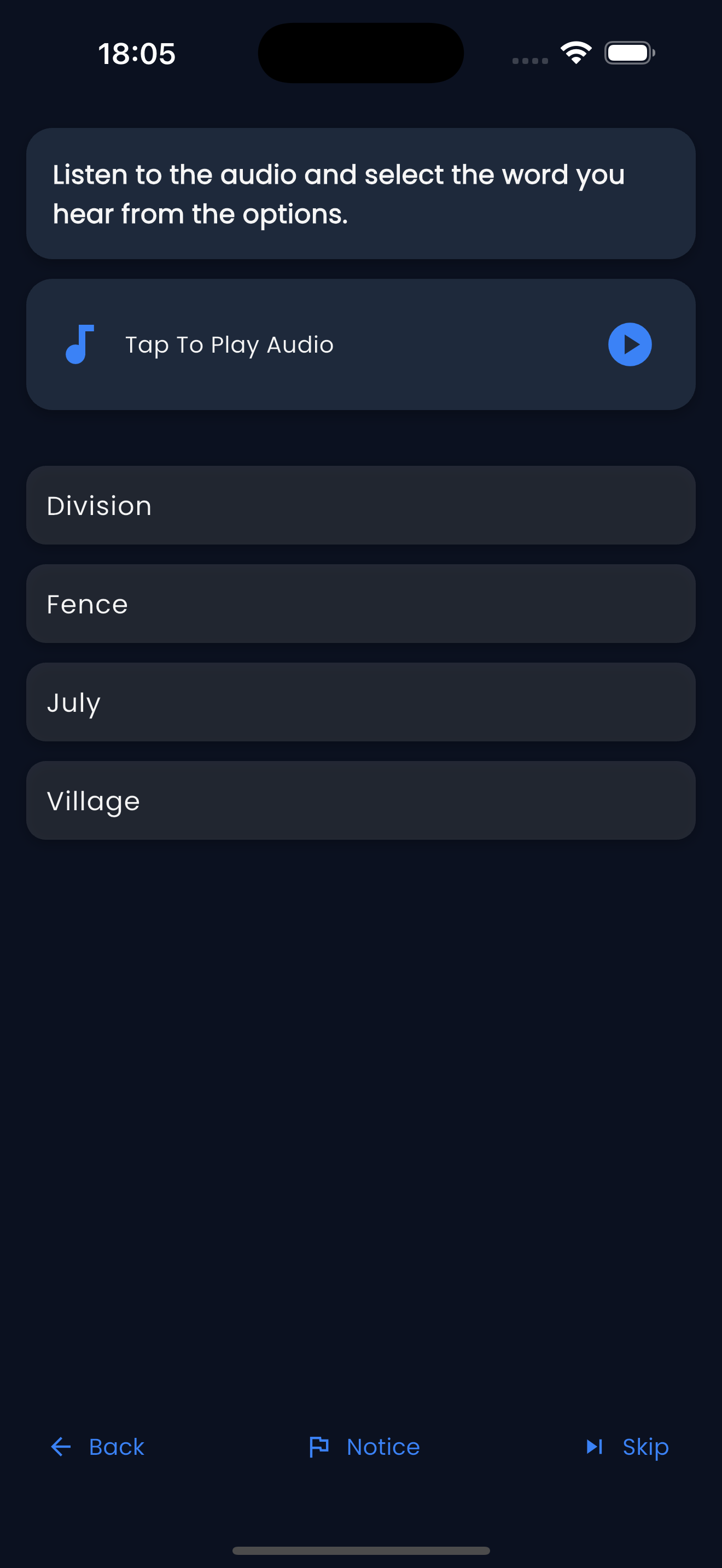 Alina Learning quiz screen